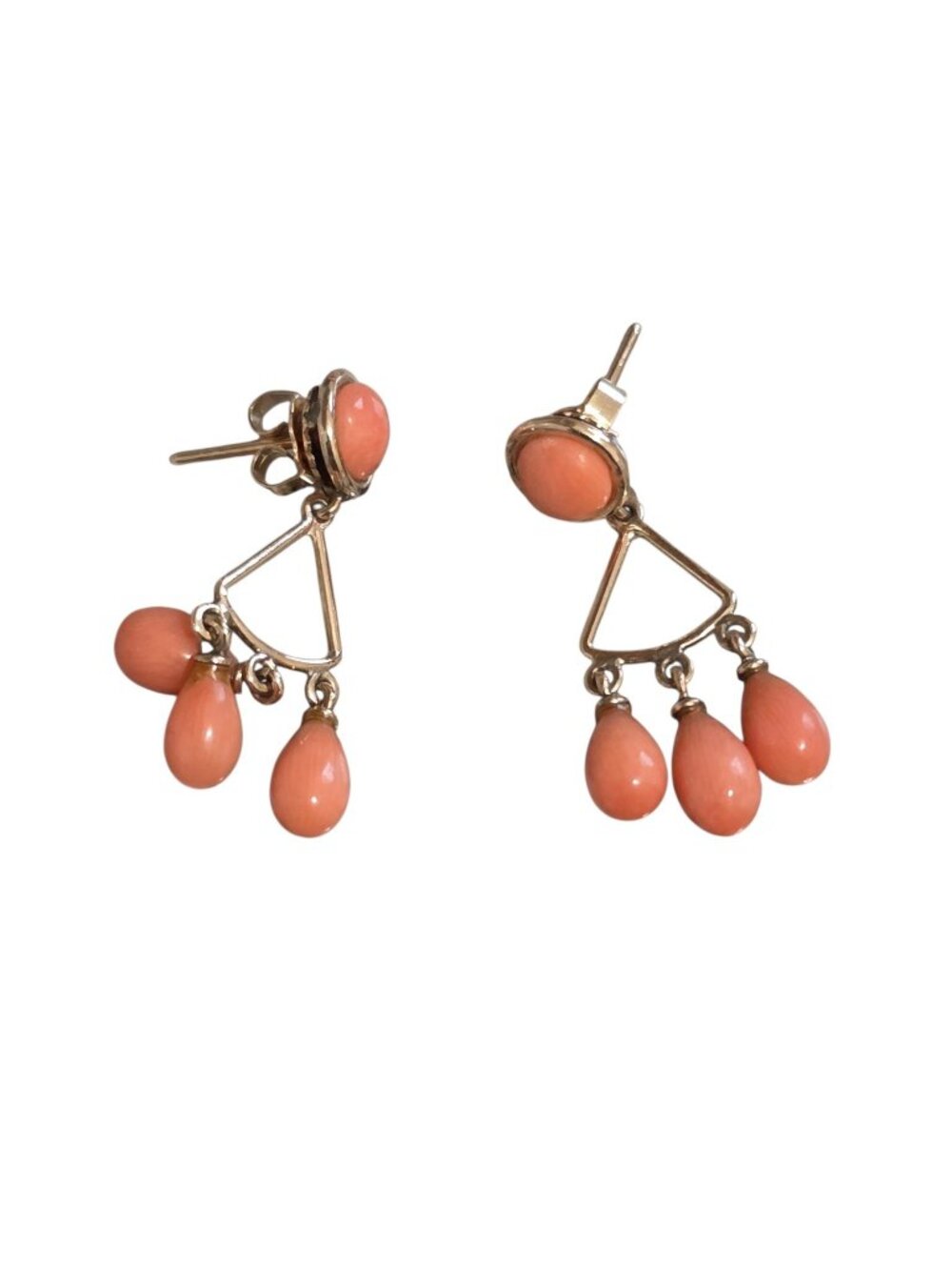 Vintage 14k Gold Dangle Drop Coral Clip Earrings 1.75" x 0.5"